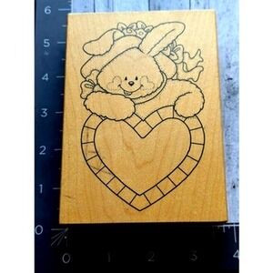 Darcie's Bunny Holding Heart Flower Hat Rubber Stamp Wood #C19